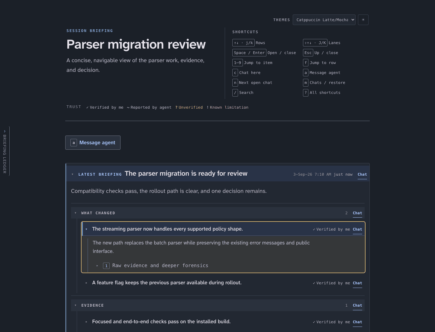Visual Brief with keyboard shortcuts, three lanes, and an expanded item